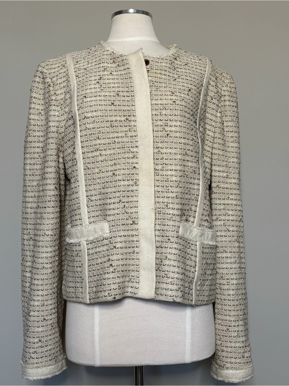 St. John Couture Cream Tweed Collarless Jacket, size 16